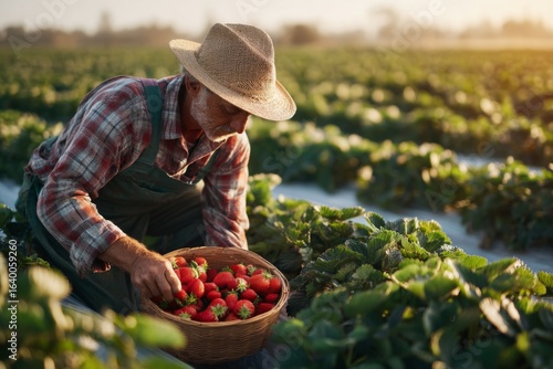 Farmer picking perfectly ripe strawberries under golden sun 