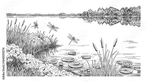 Serene lake landscape with reeds and lily pads in the foreground and a treeline reflecting in the calm water silhouette