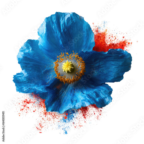 Blue poppy flower, color explosion, dark background, design element