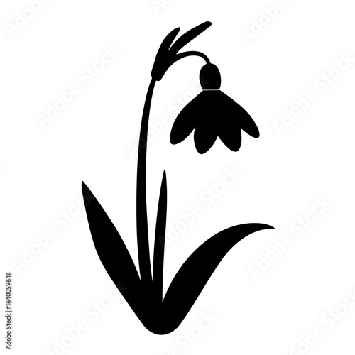Minimalist black silhouette of a snowdrop flower on a white background