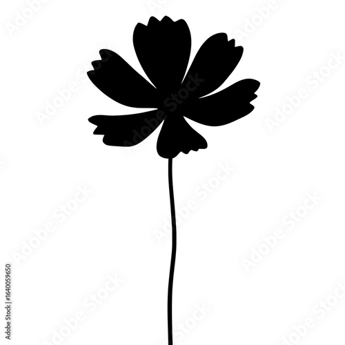 Minimalist black silhouette of a cosmos flower with open petals on white background
