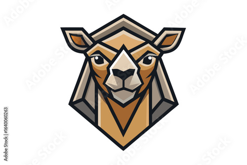 Geometrical dromedary portrait features symmetrical triangular shapes and earthen hues against a clean, bright background