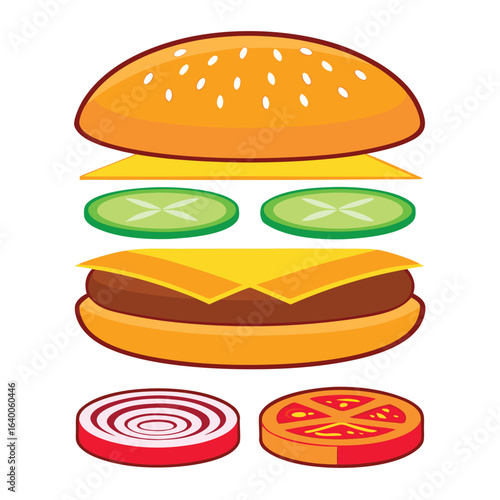 Burger Explosion Delicious Ingredients Isolated on White Background