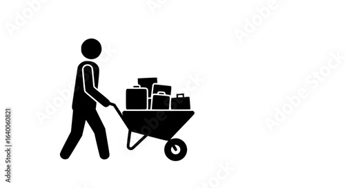 A person pushes suitcases on a cart