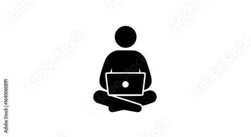 A person sitting with a laptop minimalist black and white icon