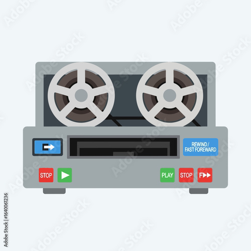 Vintage reel to reel tape recorder with two spools.