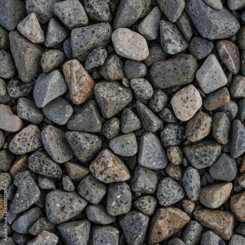 Overhead macro image of construction granite gravel texture with mixed grey stone pieces in high detail.