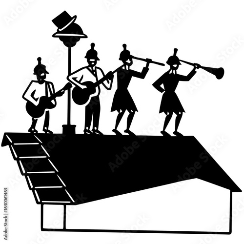 Musicians and horn players perform on a rooftop under a spotlight
