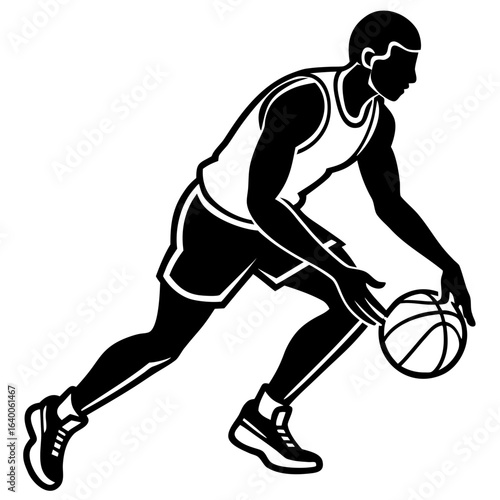 Basketball player dribbling ball in action