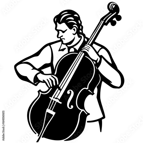 Musician playing the cello in a stylized black and white illustration