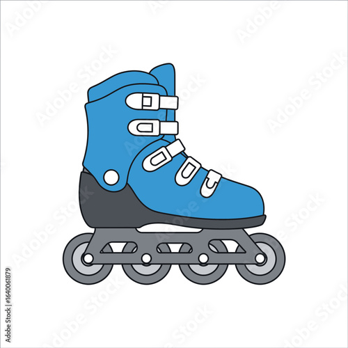 A blue inline skate with four wheels on a white background.