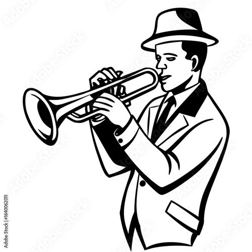 Man in hat playing trumpet in black and white