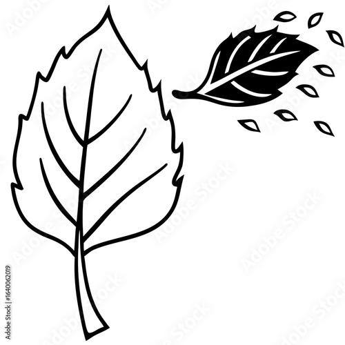 Two stylized leaves one falling apart in the wind