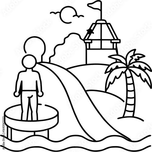 Person ready to slide down a water slide at a tropical resort