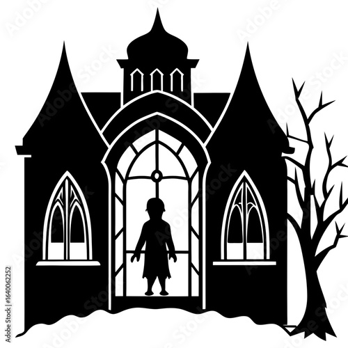 Silhouette of a child standing in a gothic building with a bare tree