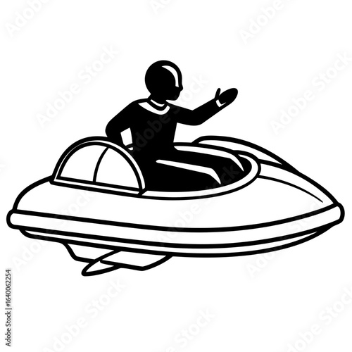 Silhouette of a person in a futuristic flying vehicle waving