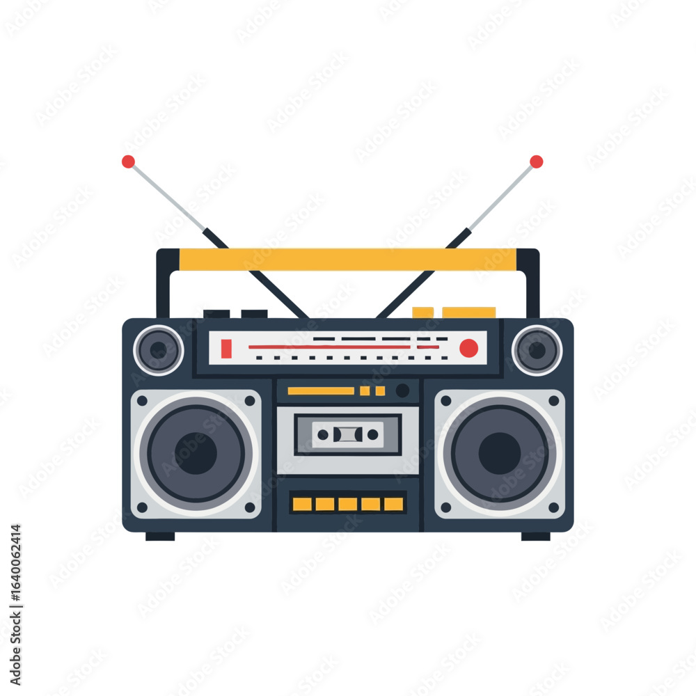 Fototapeta premium Vintage boombox with cassette player and antennas on white background.