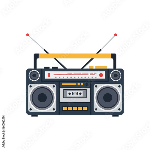 Vintage boombox with cassette player and antennas on white background.