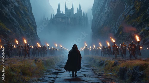 Epic fantasy scene with a mysterious hooded figure walking towards a distant castle, flanked by torch-bearing soldiers in a dark, atmospheric setting, perfect for adventure or historical drama