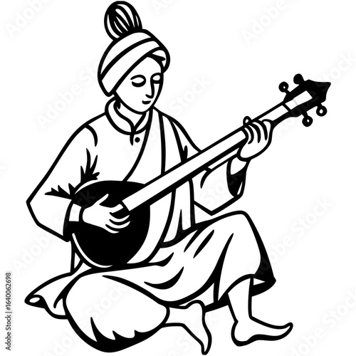 Person playing a stringed instrument with a turban