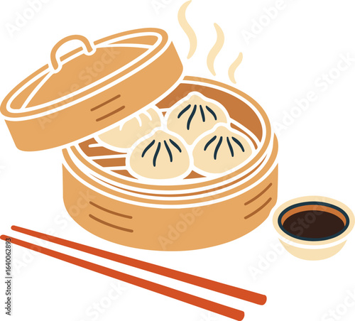 Asian Dim Sum Dumplings in a Bamboo Steamer with Chopsticks Vector Illustration , transparent background