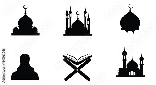 Islamic Mosque Building and Quran Vector Icon Set Black Silhouette