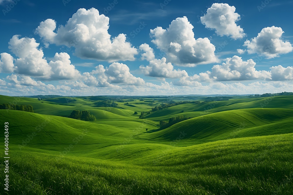 Obraz premium rolling hills, lush green fields, dramatic blue sky