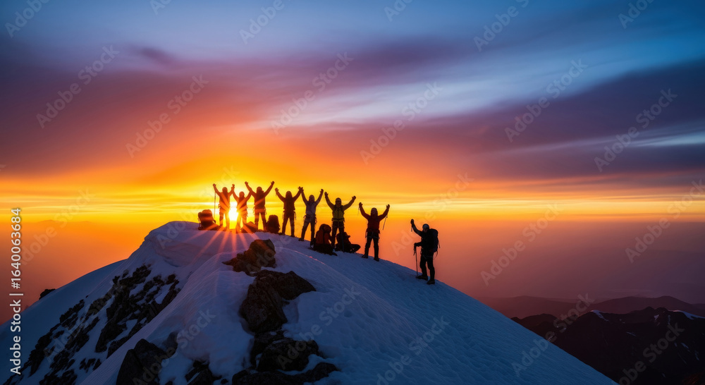 Fototapeta premium A group of climbers celebrating victory atop a snowy mountain during a stunning sunset, hands raised in triumph.