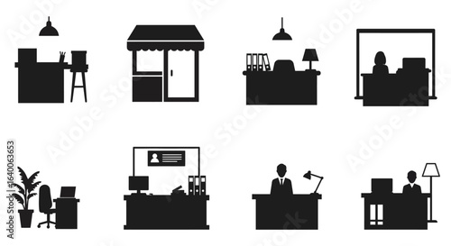 Office Reception Desks and Counters Black Silhouette Vector Illustration