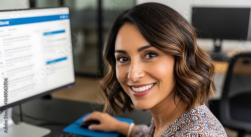 Free Download Confident businesswoman smiling while working, displaying modern monitor setup in a well-lit, contemporary office environment with focus. - GFXLoad
