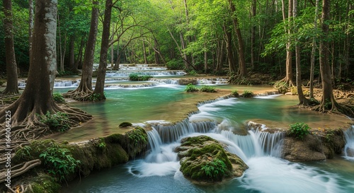 Serene Waterfall Landscape with Lush Green Forest Trees and Smooth Flowing Water in a Tropical Paradise Setting