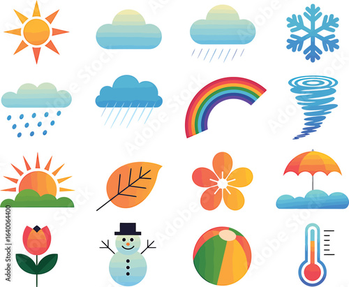 Collection of colorful weather icons representing sunny days rain snow wind and seasonal changes with nature elements