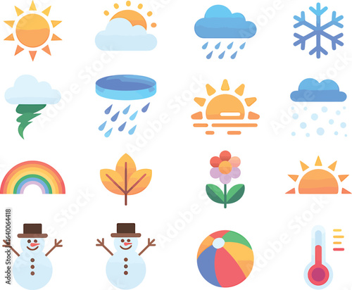 Collection of colorful and diverse weather icons representing different atmospheric conditions and seasons with a playful artistic style