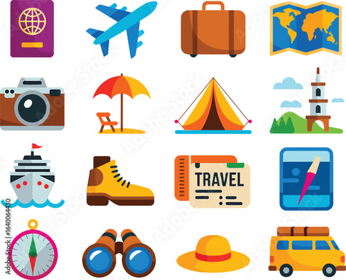 Collection of travel and adventure icons including passport airplane suitcase map camera tent ship and compass for tourism