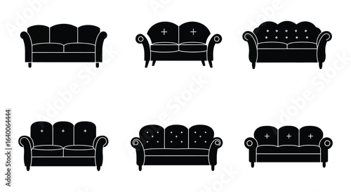 Collection of Various Sofa Designs in Black and White Silhouette