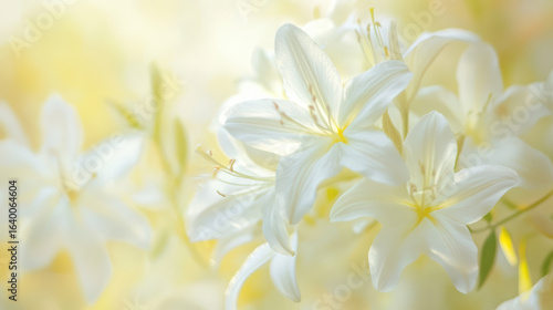 Gentle white flowers with soft yellow highlights create serene and calming atmosphere, perfect for evoking feelings of peace and tranquility