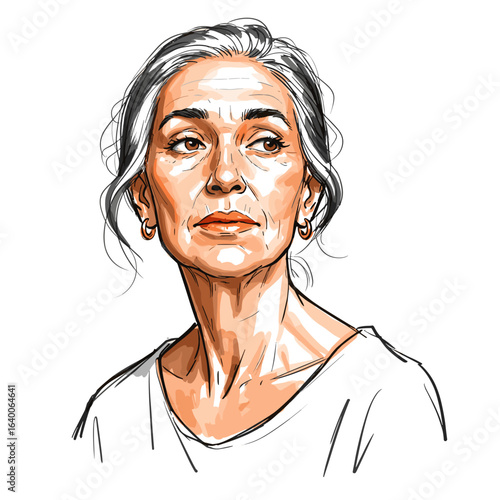 Mature woman with silver hair looking thoughtfully to the side  