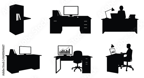 Office Furniture and Workspace Configurations in Black Silhouette Style silhouette