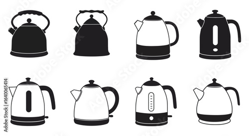 Collection of Various Kettle Designs in Black and White Silhouette Style silhouette