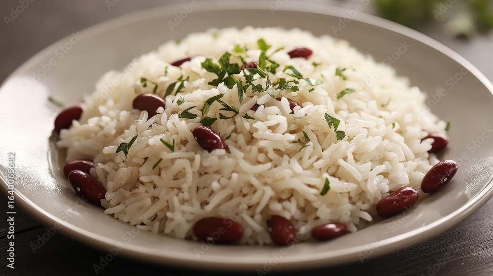 White rice dish topped with red kidney beans and herbs. White rice dish topped with red kidney beans and herbs.