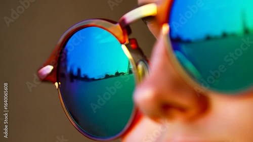 Vibrant Reflections: A Close-Up of Sunglasses Mirroring a Landscape