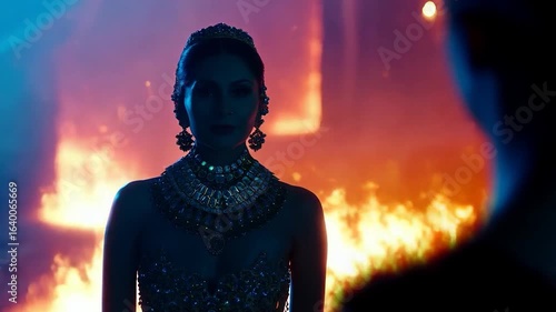 Fiery Empress: A Dramatic Portrait of a Woman in Jewel-Encrusted Gown Amidst Blazing Inferno
