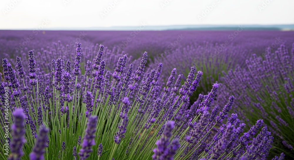 Obraz premium Stunning Field of Blooming Lavender Flowers Landscape Photography for Relaxation and Aromatherapy Use Stock Image