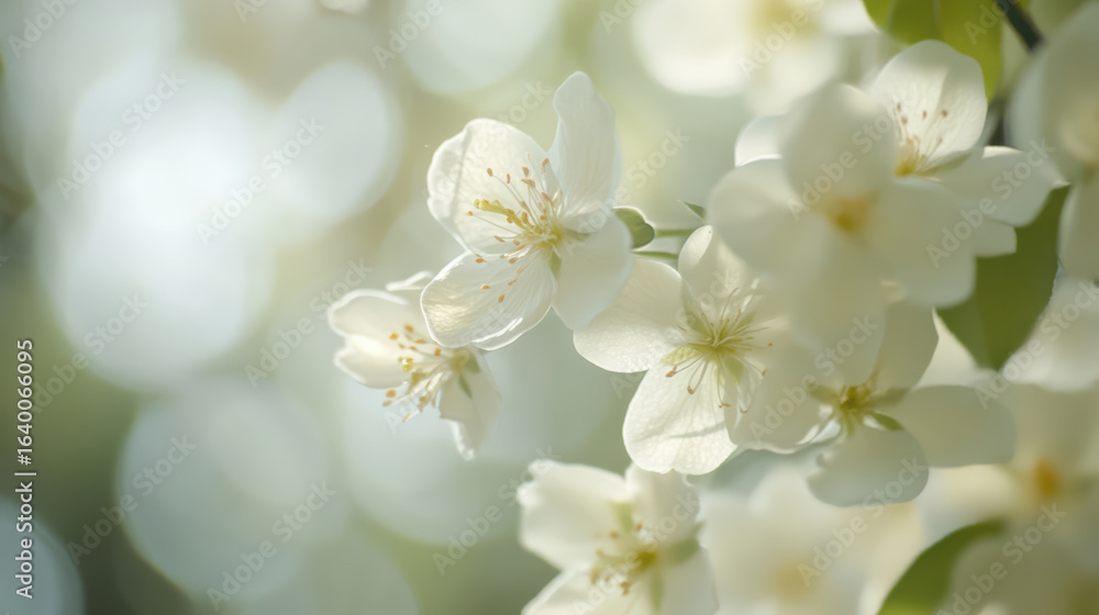 Fototapeta premium Delicate white blooms create intimate view, evoking feelings of tranquility and beauty in nature. soft focus enhances serene atmosphere of this floral scene