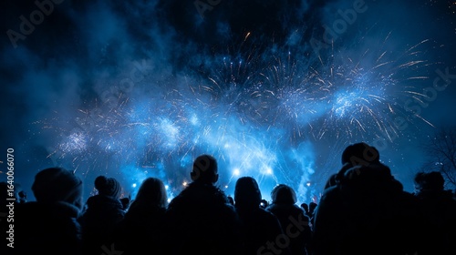 Silhouettes of spectators watching a vibrant blue fireworks display against a dark sky filled with smoke