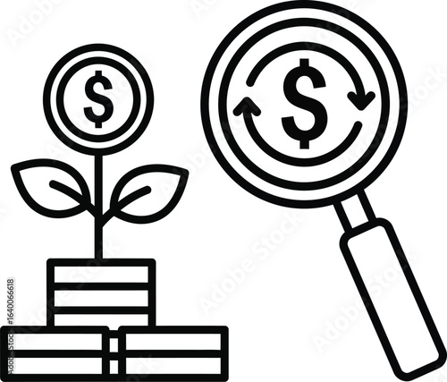 A magnifying glass is searching for money growth and investment opportunities