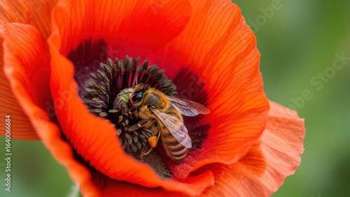 A honey bee gathering pollen from the center of a red poppy.