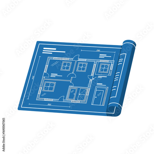 Blueprint of a house floor plan unrolled on a blue surface, showing rooms, windows, and doors in a technical drawing style.