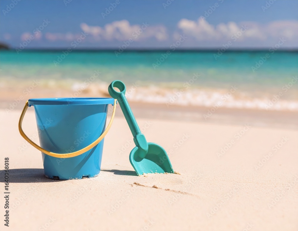 Children enjoy building sandcastles with a blue bucket and shovel on a sunny beach by clear turquoise waters Children enjoy building sandcastles with a blue bucket and shovel on a sunny beach by clear turquoise waters