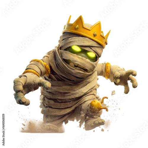 Cartoon King Mummy Walking Aggressively with Glowing Eyes and a Golden Crown on a White Background.
